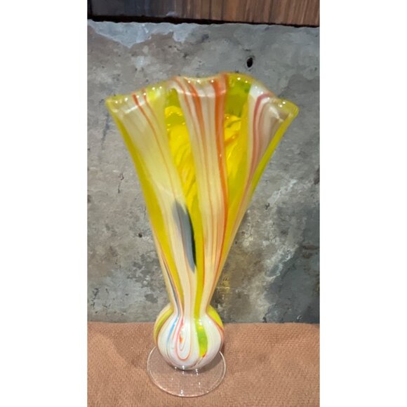 VTG Hand Blown Swirled Art Glass Vase Yellow Orange Red & White 7" Murano Style - Picture 1 of 9